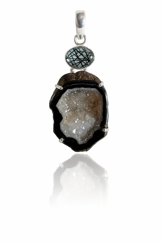 Geode Druzy and Rutilated Quartz Pendant