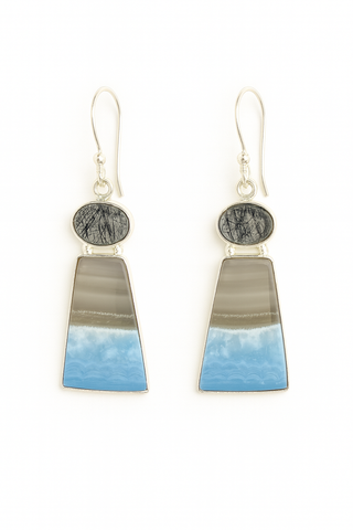 Black Rutilated Quartz and Blue Opal Drop Earrings