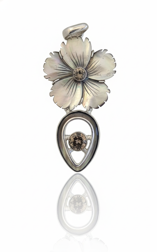 Black Mother of Pearl Flower and Smokey Quartz Pendant