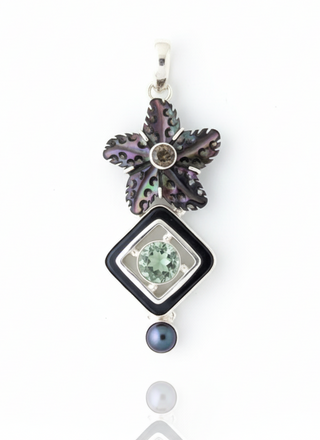 Black Mother of Pearl, Smokey Quartz, and Green Amethyst Pendant