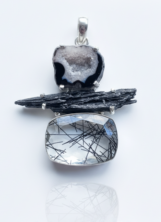 Geo Druzy, Kyanite, and Rutilated Quartz Pendant