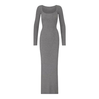 Ribbed Square Neck Long Sleeve Dress