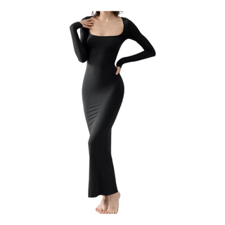 Ribbed Square Neck Long Sleeve Dress