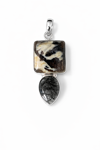 Zebra Calcite & Black Rutilated Quartz Pendant
