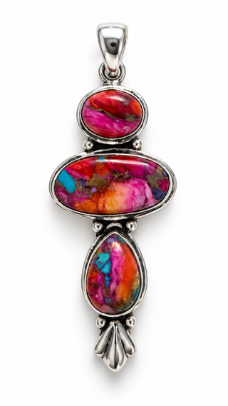 Pink Spiny Oyster triple stone Pendant | 925 Sterling Silver