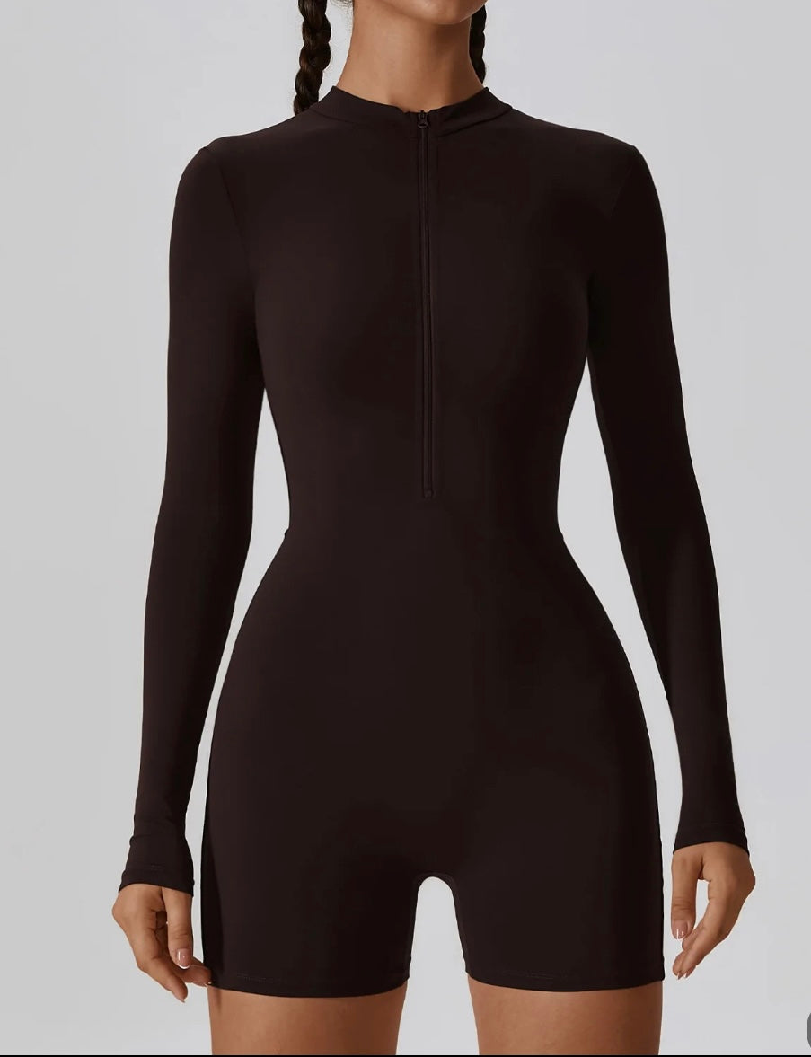 Zip Up Long Sleeve Black Bodysuit With Shorts Women's High