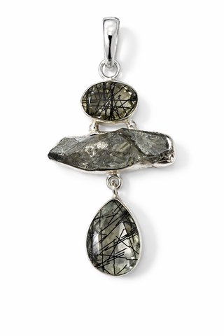 Black Rutilated Quartz & Hematite Pendant
