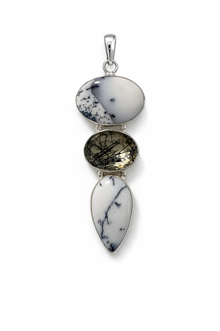 Dendritic Opal and Black Rutilated Quartz Trio Pendant
