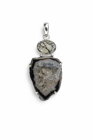 Geode Druzy and Rutilated Quartz Pendant