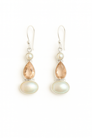 Trio Drop Pearl, Peach Quartz and Mabe Pearl Earrings