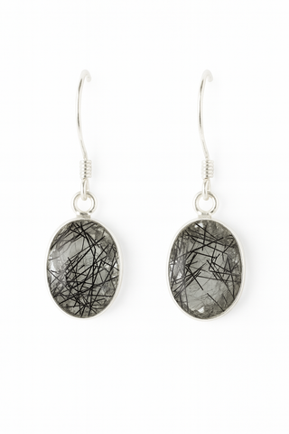 Oval Black Rutilated Quartz  Drop Earrings
