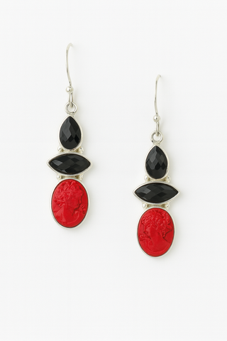 Black Onyx and Cinnabar Cameo Dangle Earrings