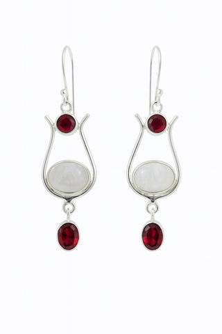 Garnet and Rainbow Moonstone Drop Earrings