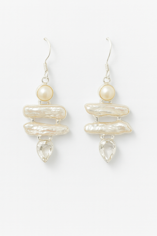 Pearl, Biwa Pearl, and White Quartz Dangle Earrings