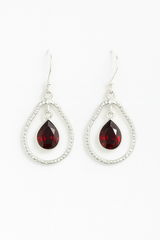 Garnet Teardrop and Sterling Silver Loop Earrings
