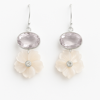 Pink Quartz and White Topaz Mother of Pearl Flower Earrings