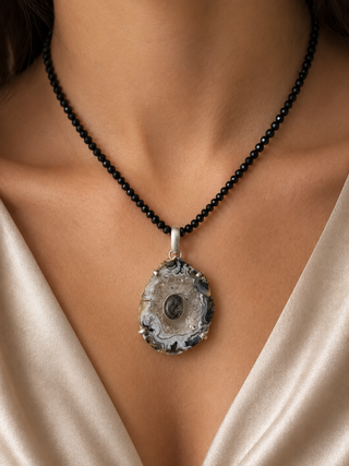 Agate Druzy & Black Rutilated Quartz Pendant and Black Spinel Necklace