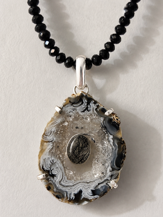 Agate Druzy & Black Rutilated Quartz Pendant and Black Spinel Necklace