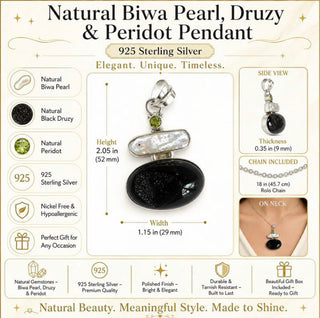 Natural Biwa Pearl, Black Druzy, Peridot