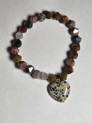 Faceted multicolor agate (often sold as Indian Agate) with a Dalmatian Jasper heart charm.