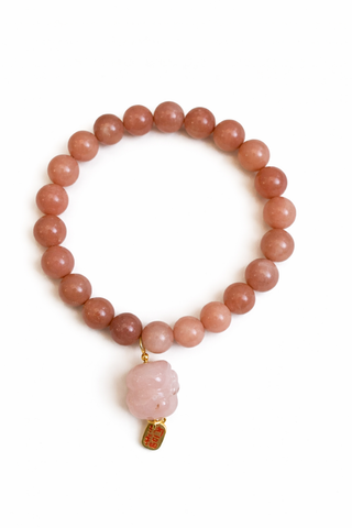 Peach Moonstone with Carved rose quartz Pixiu prosperity charm