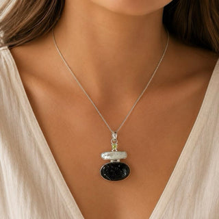 Natural Biwa Pearl, Black Druzy, Peridot