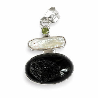 Natural Biwa Pearl, Black Druzy, Peridot