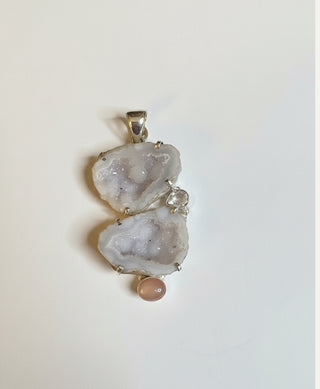 White Agate Druzy, Peach Moonstone and White Topaz Pendant