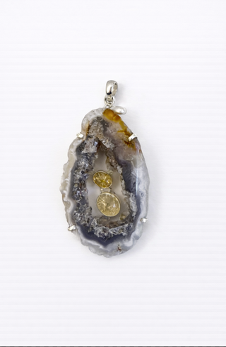 Agate Geode and Golden Rutilated Quartz Pendant