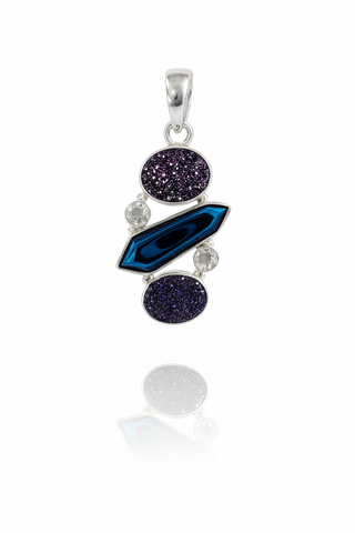 Cobalt Druzy, Hematite, and White Topaz Pendant