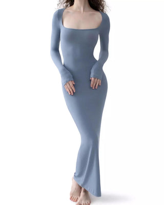 Ribbed Square Neck Long Sleeve Dress