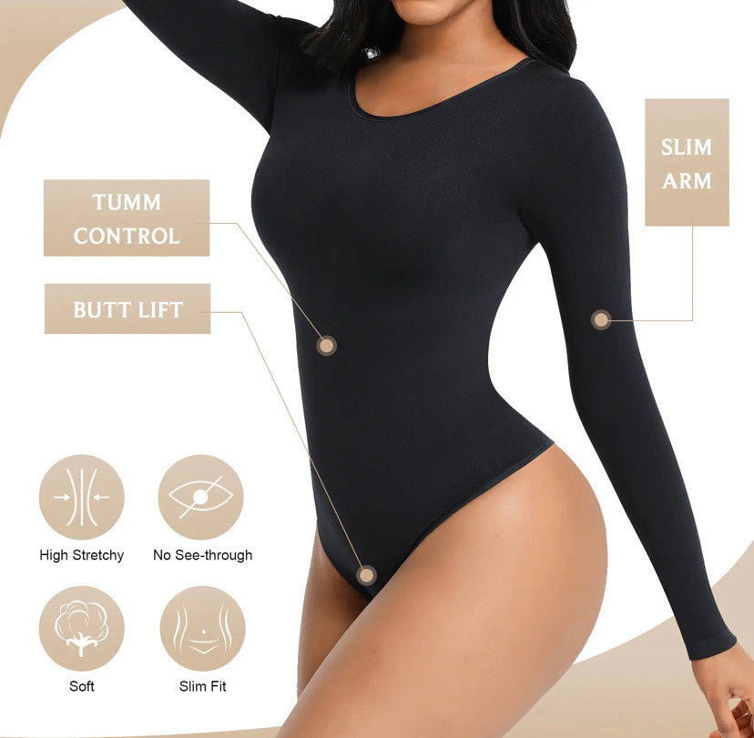  Square Neck Long Sleeve Shapewear Bodysuit For