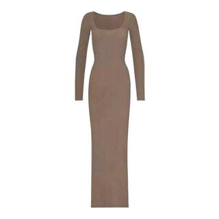 Ribbed Square Neck Long Sleeve Dress