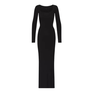 Ribbed Square Neck Long Sleeve Dress